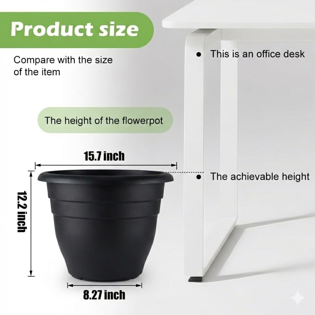RooTrimmer 6 Pack 16 Inch Large Plant Pots Outdoor,Heavy Duty Plastic Planters with Drainage Holes,Lightweight Black