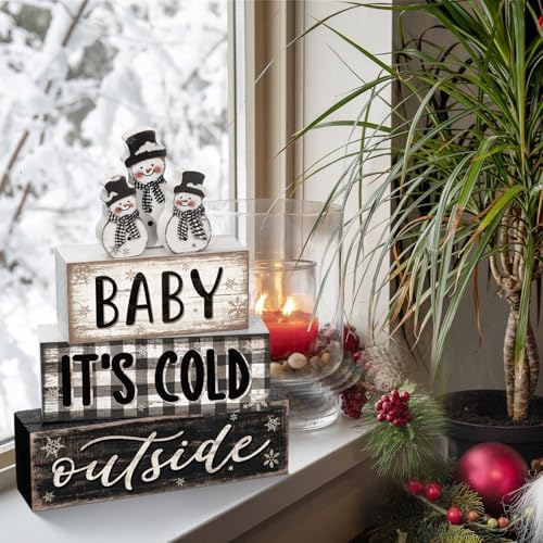 Yousoontic 4 Pcs Winter Snowman Plaid Figurines Set, Rustic Farmhouse Decor