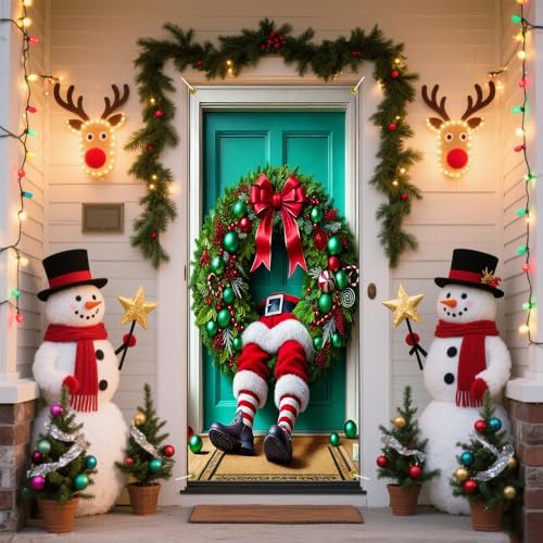 Funny Stuck Santa Legs Christmas Pine Ring Door Cover 35x71in