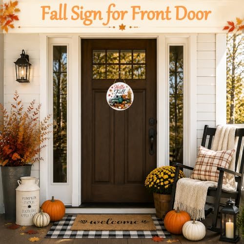 Fall Door Sign, 11.5" Wooden Hello Fall Sign with lanyard, Autumn Hanger
