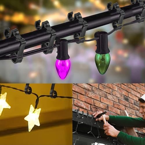 AccEncyc 100 Pcs Outdoor Light Clips Hooks for Gutter Hanging Outdoor Lights Christmas Village Accessories (Black)