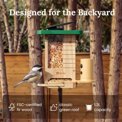 Birdfy Smart Bird Feeder with Camera Solar Powered, Slow-Motion Video & Night Insight, AI Identify 6000+ Species Lifetime Free, Ideal for Outdoors Bird Watching & Gifts for BirdLovers, Wood