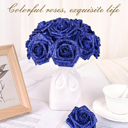 BLEUM CADE 16Pcs Artificial Flowers Glitter Roses with Stems for Wedding
