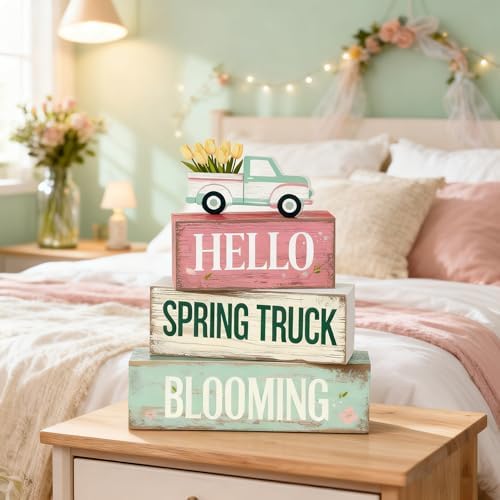Spring Decoration Wooden Tiered Tray Decor – Tulip Spring Truck Stacked Block Sign with Floral Pickup Topper – Farmhouse Tabletop Spring Decor for Shelf Mantel Seasonal Home Display
