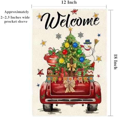 Winter Christmas Garden Flag, Red Truck with Holiday Elements, 12x18 Inches, Double Sided, Burlap, Weather & Fade Resistant