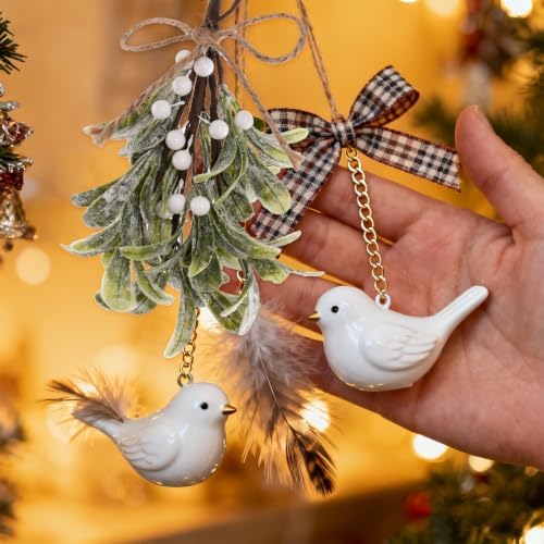 Mistletoe Christmas Decor Artificial Mistletoe Frosted Ornament with White Berries Snowflakes Hanging Christmas Decoration Kissing Ball Ornament for Xmas Tree Kitchen Doorway Home