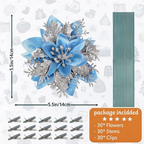 30PCS Artificial Christmas Poinsettia Flowers with Clips and Stems, 5.5 Inch Glitter Blue Xmas Tree Decorations, Holiday Poinsettia Picks Ornaments for Christmas Tree, Wreaths, Garlands & Home