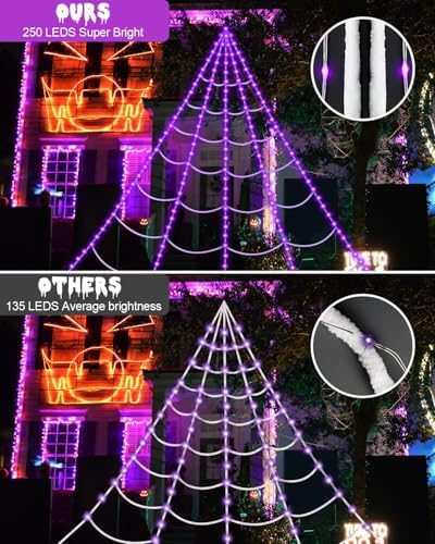 Brighter Spider Webs Halloween Decorations Lights,250 Purple LED Light Up,16.4Ft 8 Modes Giant Spiderweb with Remote Control,48'' Giant Spider,Waterproof & Timer,Halloween Decor for Outdoor