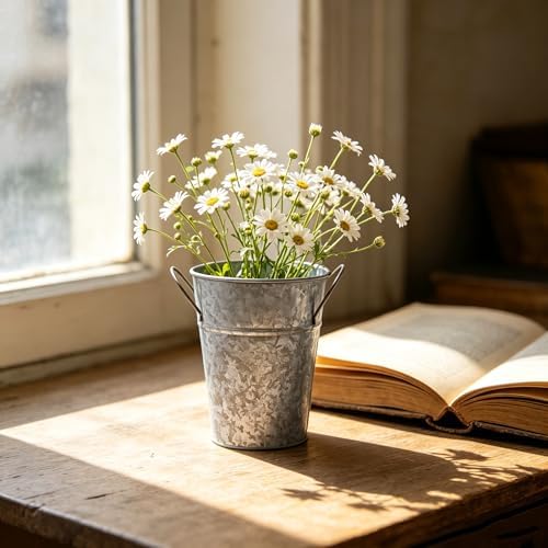 Hosley Set of 2 Galvanized Finish Bucket Vase with PVC Liner 5" Dia x 7" H, Ideal Gift for Floral Arrangements Wedding Home Office Party DIY Indoor Outdoor Garden Patio