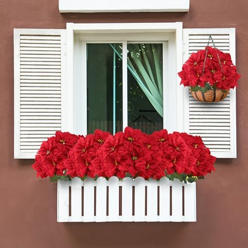 Sggvecsy Artificial Christmas Poinsettia Flowers 9.8’’ Large Heads 6 Pcs Red Velvet Fake Plants with Greenery Leaves Faux Silk Christmas Poinsettia Bouquets for Home Vase Indoor Outdoor Xmas Decor