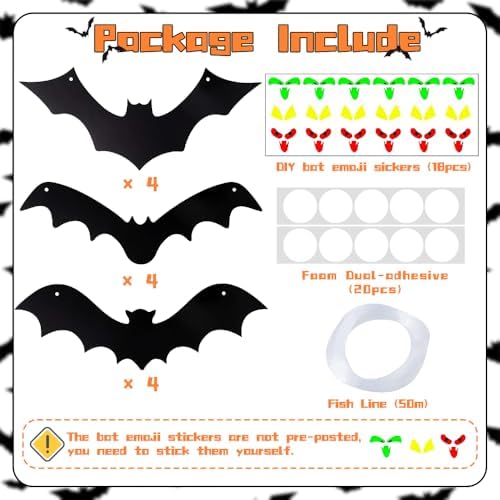 12PCS Halloween Hanging Bat Decorations with Glowing Eyes, 3 Styles