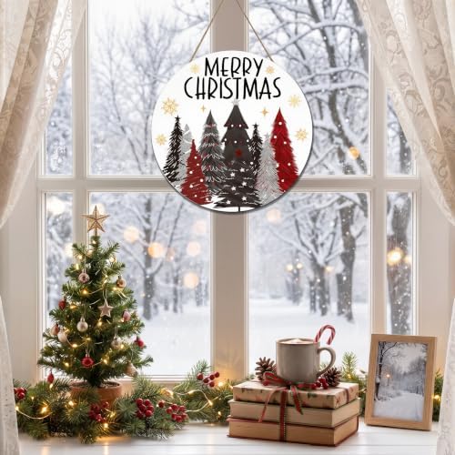 Smile Merry Christmas Round Door Sign White Wreath Trees Gold Glitter Decor