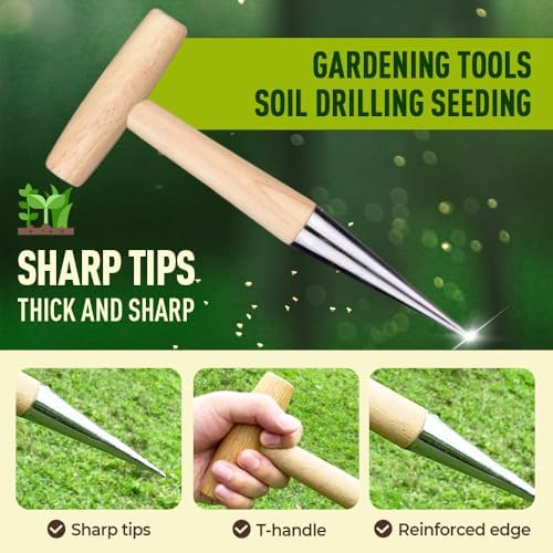 Plant Hole Digger for Planting, Seed Dibber Garden Tool, Hand Dibbler Seed Planter Tool,Bulb Planter Tool, Seeds Transplanting Plants Planting Bulbs, T Wooden Handle - Easy to Drill Holes (2PCS)