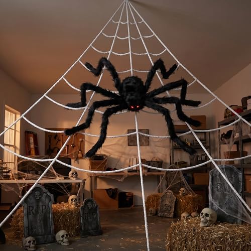 Land Guard 236'' Big Spider Web Halloween Decor+70'' Huge Spider for Roof with Triangular Big Web for on House Outside and Inside (Pack of 2)