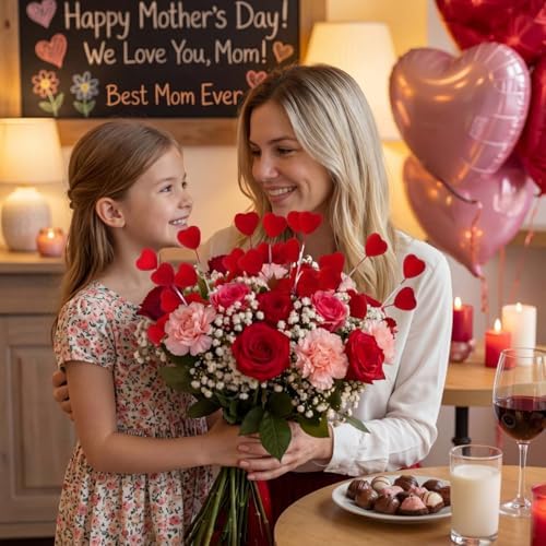 Suncalla 8 Pcs Mother's Day Heart Picks 15.8 Inch Pink Velvet Picks Mother's Day Stems Decor for Mom Wedding Wreath Vase Fillers Centerpiece Home Decoration