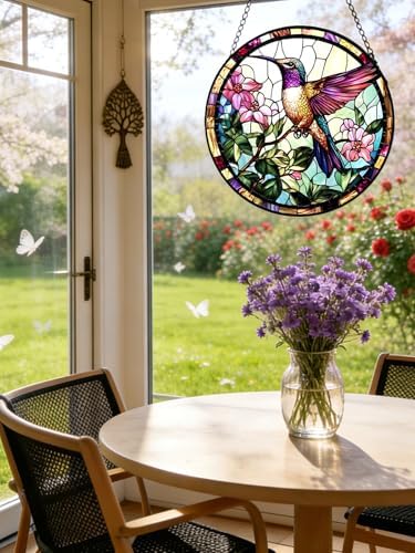 Hummingbird Stained Glass Suncatcher Window Hanging Flowers Gifts for Mom