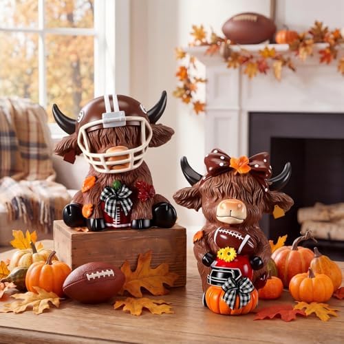 Karenhi 2 Pcs Highland Cow Figurines Fall Football Tabletop Decorations