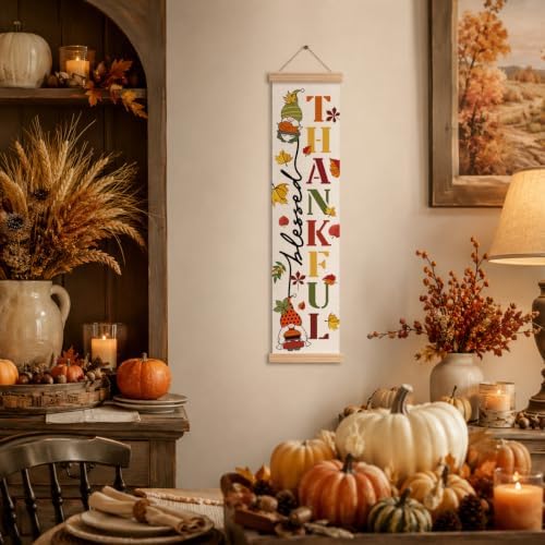 Fall Door Decor Banner, Thankful Gnome Canvas Hanging Banner for Porch