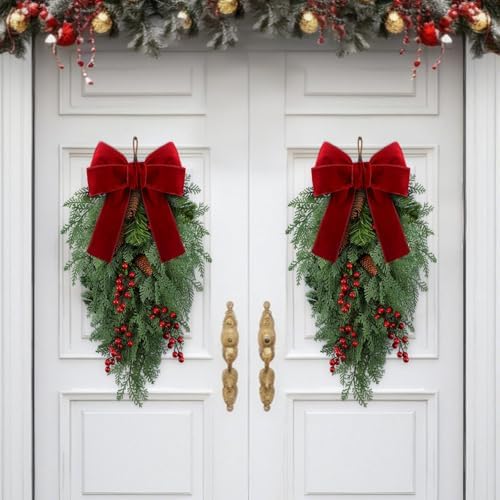 Knitgrip 2 Pack Christmas Teardrop Swags Artificial Wreath with Pine Cones