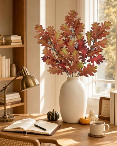 35" Long Faux Oak Leaf Stems with Acorns, 3Pcs Fall Stems for Vase Brown