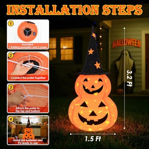 3FT Pumpkin Halloween Decorations Outdoor, 8 Modes Battery Operated Pumpkin Decorations, Collapsible Jack-o-Lantern Halloween Lights for Home, Party, Yard, Porch Thanksgiving Fall Decorations