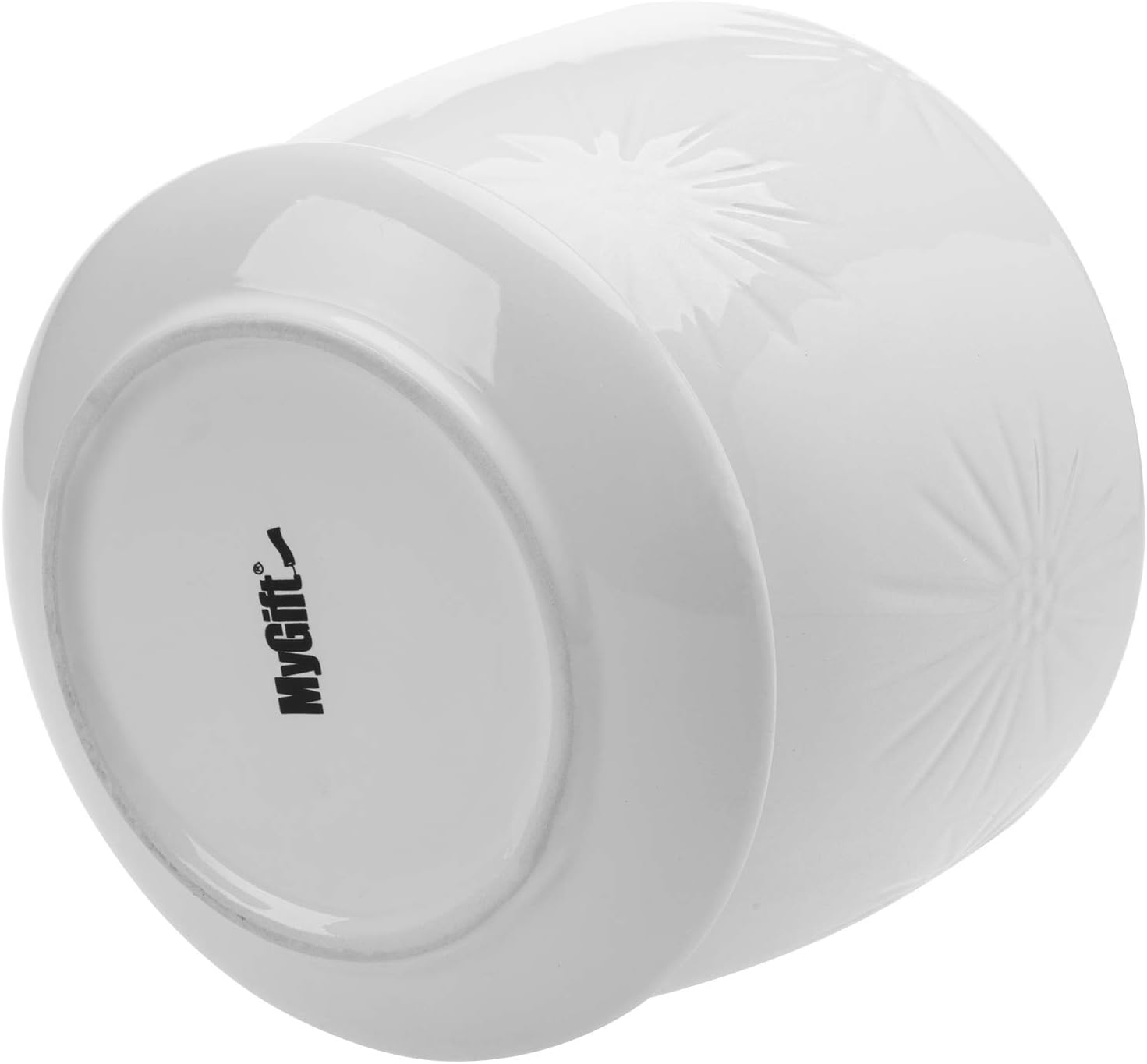 MyGift 7 Inch Round White Ceramic Plant Pot with Drainage Hole and Attached Saucer, Modern Decorative Embossed Sunburst