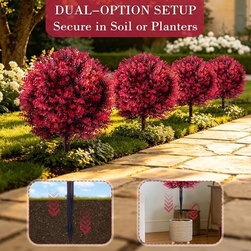 27.6 Inch Red Eucalyptus Topiary Ball Trees, 2 Sets Faux Boxwood Topiary with Spikes, Pot Filler Fake Shrubs Plants for Outdoor Planters, Round Topiary Bush Balls Front Porch Home Garden Spring Decor