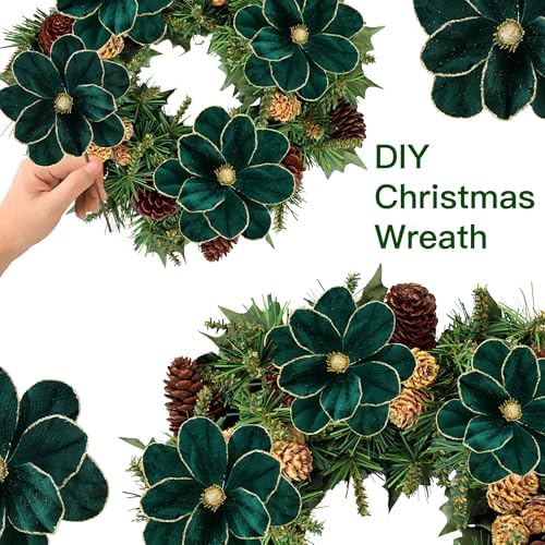 Sggvecsy 10Pcs Christmas Glitter Flowers Velvet Magnolia Flower Christmas Tree Ornaments Artificial Poinsettia Floral Picks for Xmas Wedding DIY Crafts Wreath Party Floral Decorations(Green)