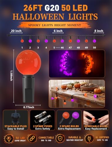 26FT Halloween Globe Mini String Lights, 50 LED Orange Purple Spooky Lights