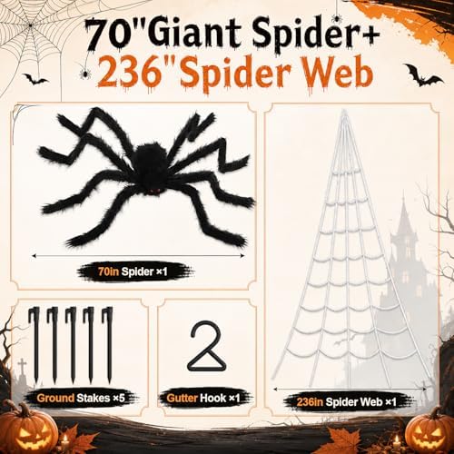 Land Guard 236'' Big Spider Web Halloween Decor+70'' Huge Spider for Roof with Triangular Big Web for on House Outside and Inside (Pack of 2)