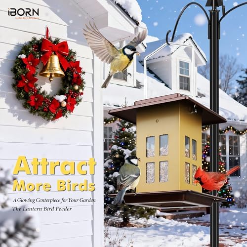 iBorn Bird Feeders for Outdoors, Metal Bird Feeder, Wild Bird Feeders for Cardinal, 2.3LBS Capacity,18cm Large Roof, Lantern Style, Black (Muted Yellow)