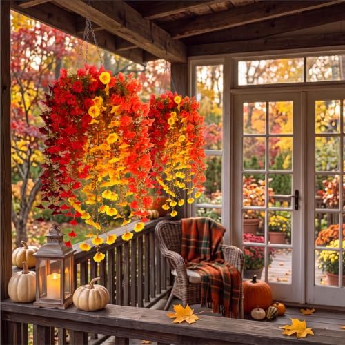 Pinkunn 2 Pack Artificial Fall Hanging Flower Basket for Outdoor Fall Decor