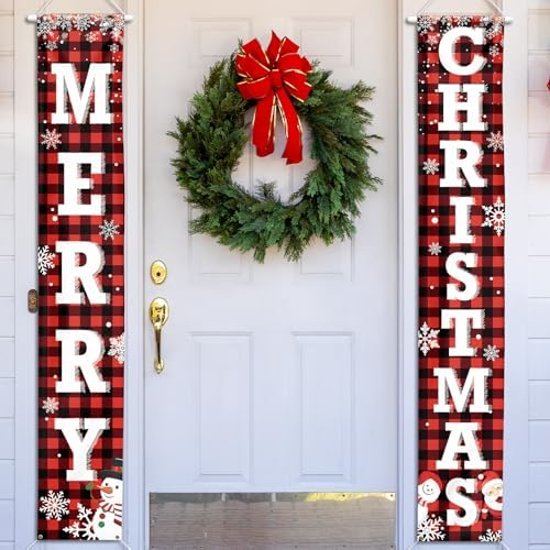 71 x 12 Inches Merry Christmas Door Banner for Doorway, Large Red and Black Plaid Christmas Hanging Sign with Santa, Snowman, and Snowflake Design for Holiday, Front Door, and Xmas Decorations
