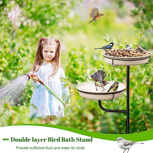 Freestanding Birdbaths Bowl Outdoor, Free Standing Garden Bird Bath Bird Feeder & Bird Bath Bowl, Detachable Decoration Spa Birdfeeder for Garden Patio Yard Lawn, 4 Spiky Metal Stake (White)