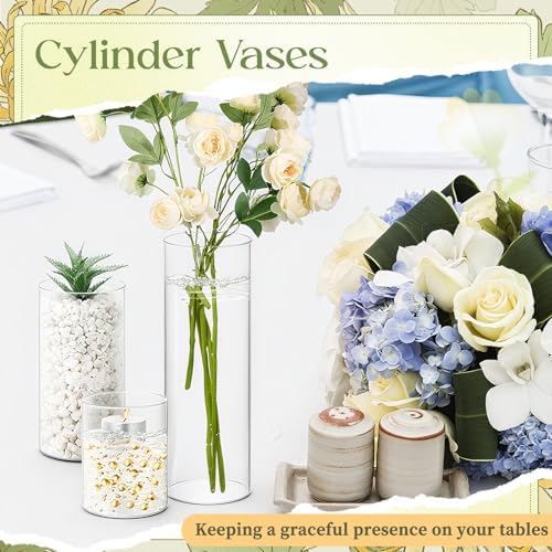 Nuogo 60 Pcs Plastic Cylinder Vases Tall Plastic Flower Vases for Centerpieces Hurricane Candle Holder for Home Wedding Office Party Formal Dinners Decorations (4''/6''/8'')