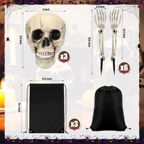 Chunful 9 Pcs Halloween Skeleton Stakes Decoration, Skull Head Arms, White