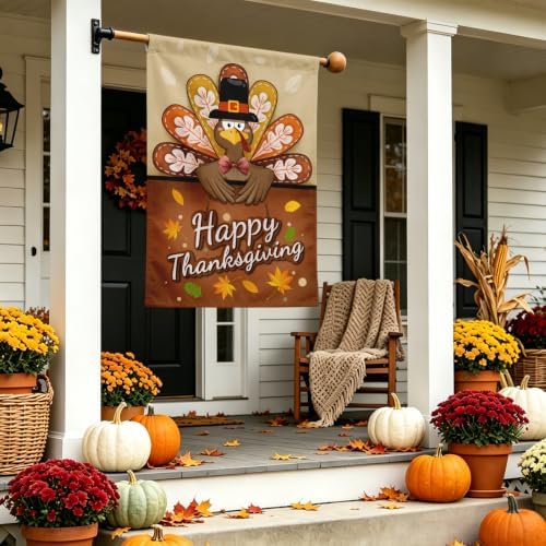 Happy Thanksgiving House Flag Turkey Thankful Fall Garden Banner Autumn Happy Harvest Garden Flags Double Sided Yard Decorations Holiday Outdoor Flag 28 x 40 Inch