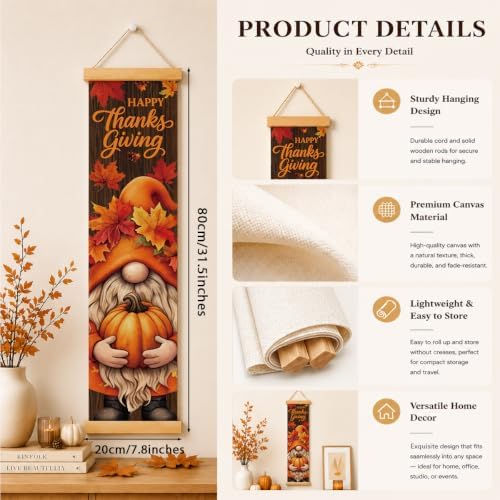 Thanksgiving Door Banner, Gnome Pumpkin Canvas Banner for Front Porch