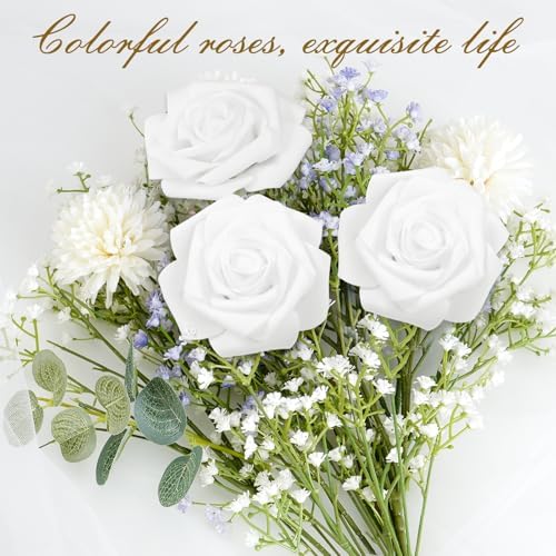 BLEUM CADE 36Pcs Artificial Flowers Fake Foam Roses with Stems for Wedding