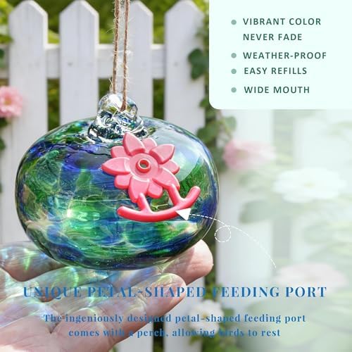 QFkris Blown Glass Hummingbird Feeder for Outdoors Hanging, Small Hummingbird Feeder with Flower Feeding Ports for Outside Garden Backyard Decor, Gifts for Women Mom(Green)