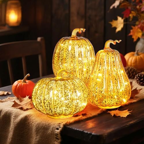 3PCS Mercury Glass Pumpkin Lights,Fall Halloween Porch Pumpkin Lantern