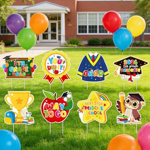 Rngmsi 5th Grade Graduation Yard Signs, 5th Grade Graduation Garden Yard Sign with Stakes, Congrats Fifth Graduation Outdoor Decor for Lawn Garden Grad Party Supplies (8PCS)
