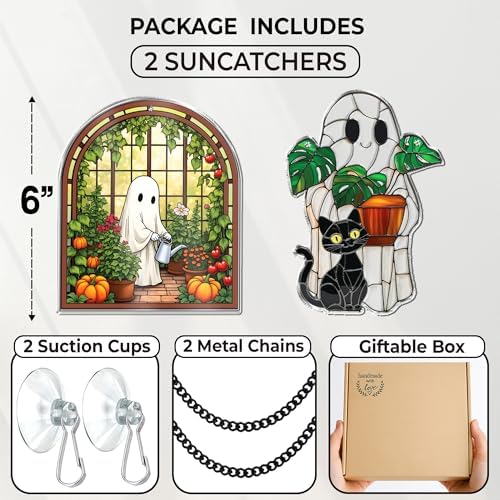 2 Cute Boo Halloween Decoration, Spooky Ghost & Black Cat Plant Suncatchers