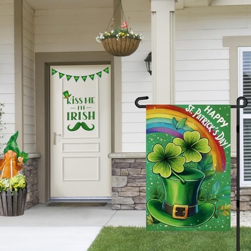 St Patricks Day Garden Flag 12x18In with Green Hat Four-leaf Clover