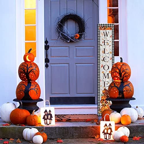 Fall Welcome Porch Sign Thanksgiving Day Wooden Door Sign 47" Large Buffalo Plaid Porch Sign for Pumpkin Sign Home Front Door Yard Party Decor