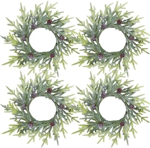 Winlyn 4 Pcs Artificial Frosted Twig Candle Rings Christmas Candle Holder Rings Wreaths Faux Twigs Wreath Glitter Mini Pinecones 10" Wide for Holiday Winter Seasonal Décor