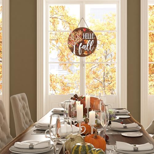 Whaline Hello Fall Wooden Hanging Sign Maple Tree Front Door Sign Autumn Thanksgiving Welcome Signs for Harvest Indoor Outdoor Home Porch Wall Decor
