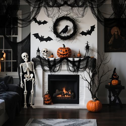 6 Pack Halloween Black Gauze Wall Decor,Outdoor Halloween Fake Spider Web Decorations Webbing,Cobwebs Mesh Spooky Fabric,30X72 in Black Cheesecloth for Haunted House Indoor Creepy Cloth Backdrop (6)