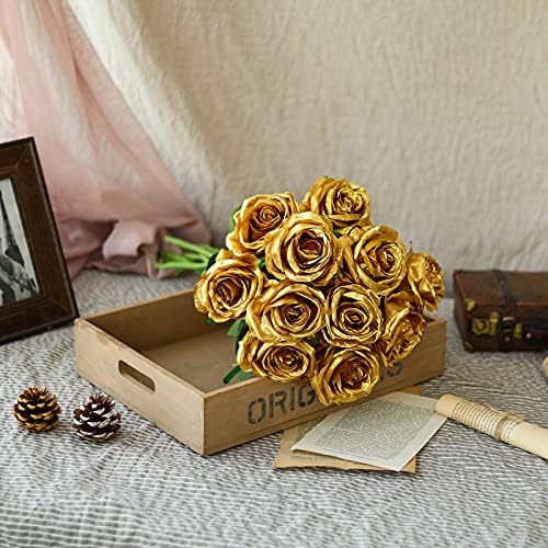 10pcs Gold Roses Artificial Flowers, Realistic Faux Rose with Long Stem