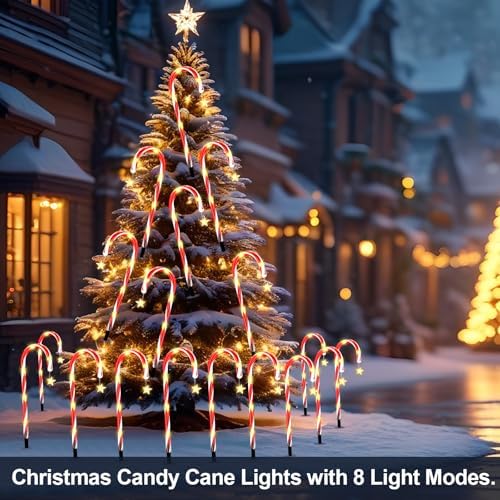 2 Set 24 Pack Upgraded Solar Christmas Candy Cane Lights, 18.6 Inch 144LED Outdoor Pathway Stake Lights with 8 Modes, Solar Candy Cane Lights for Decor Lighting Walkway Yard Garden Xmas Decorations